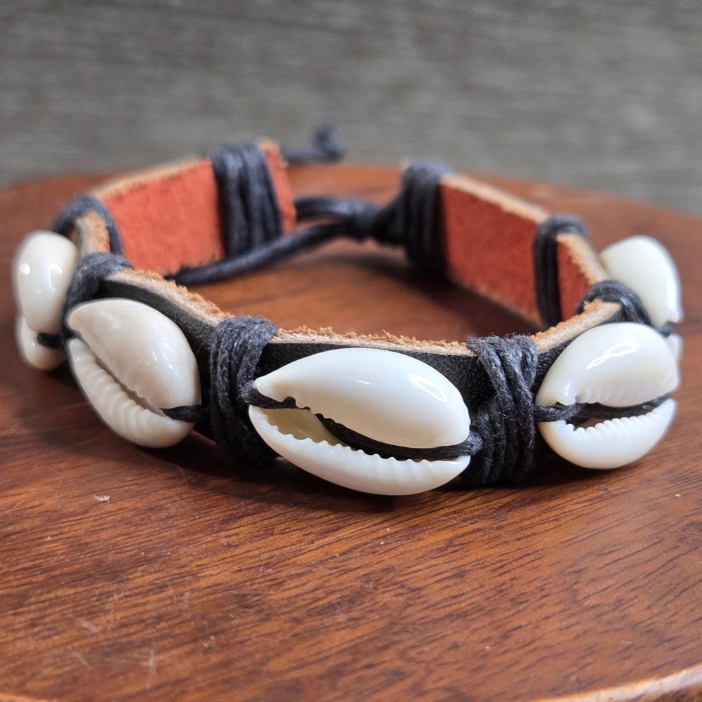 Cowrie Shell Leather Cord Adjustable Bracelet Black Tan Boho Beach Surf Style